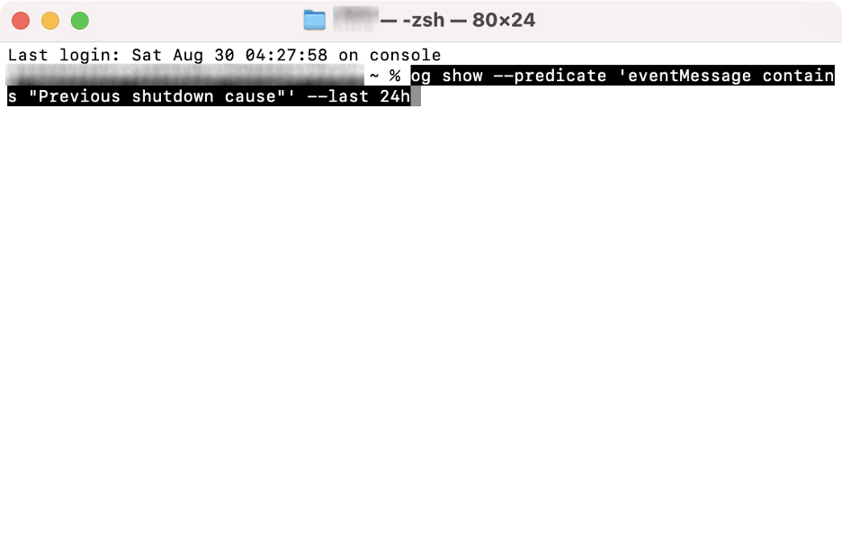 Om foutcodes met Terminal te controleren, typ je de volgende opdracht: `og show --predicate 'eventMessage contains Previous shutdown cause' --last 24h` en druk je vervolgens op Enter.