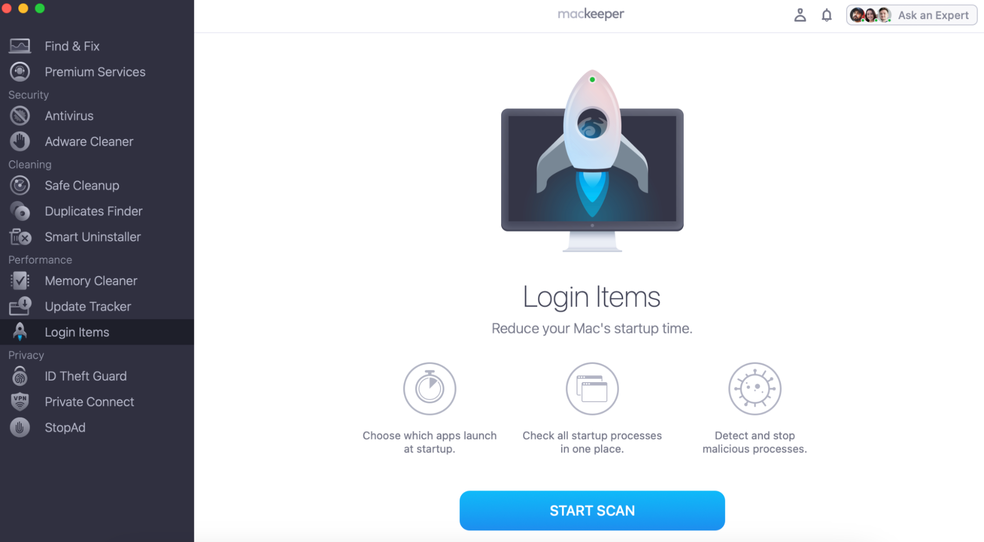 One of the possible ways to troubleshoot kernel panics on Mac is to resolve app crashes by managing your login items list. Use MacKeeper's Login Items by your side to automate the process with the Start Scan button.