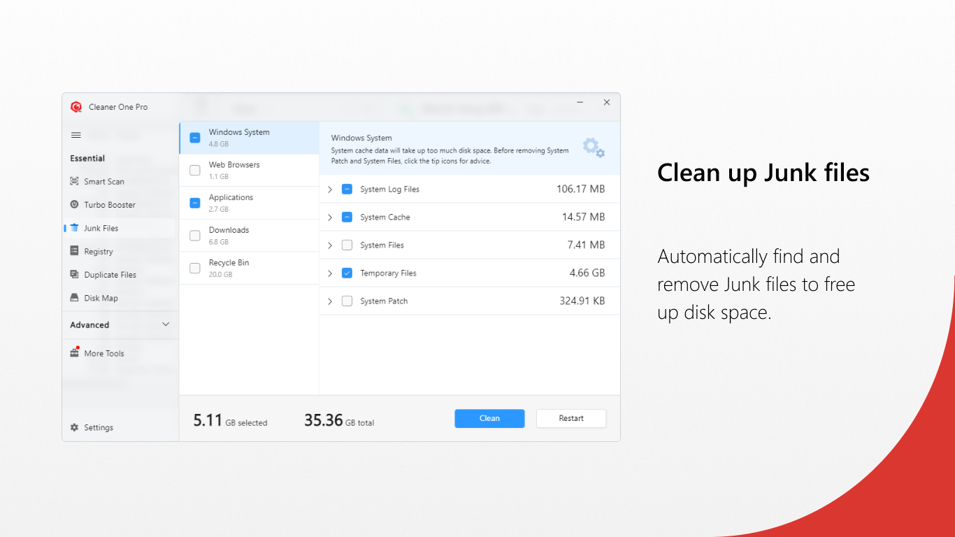 Inside Junk Cleanup, click Scan to sweep caches, logs, and temporary files from your system, then tap Clean to recover the freed-up storage.