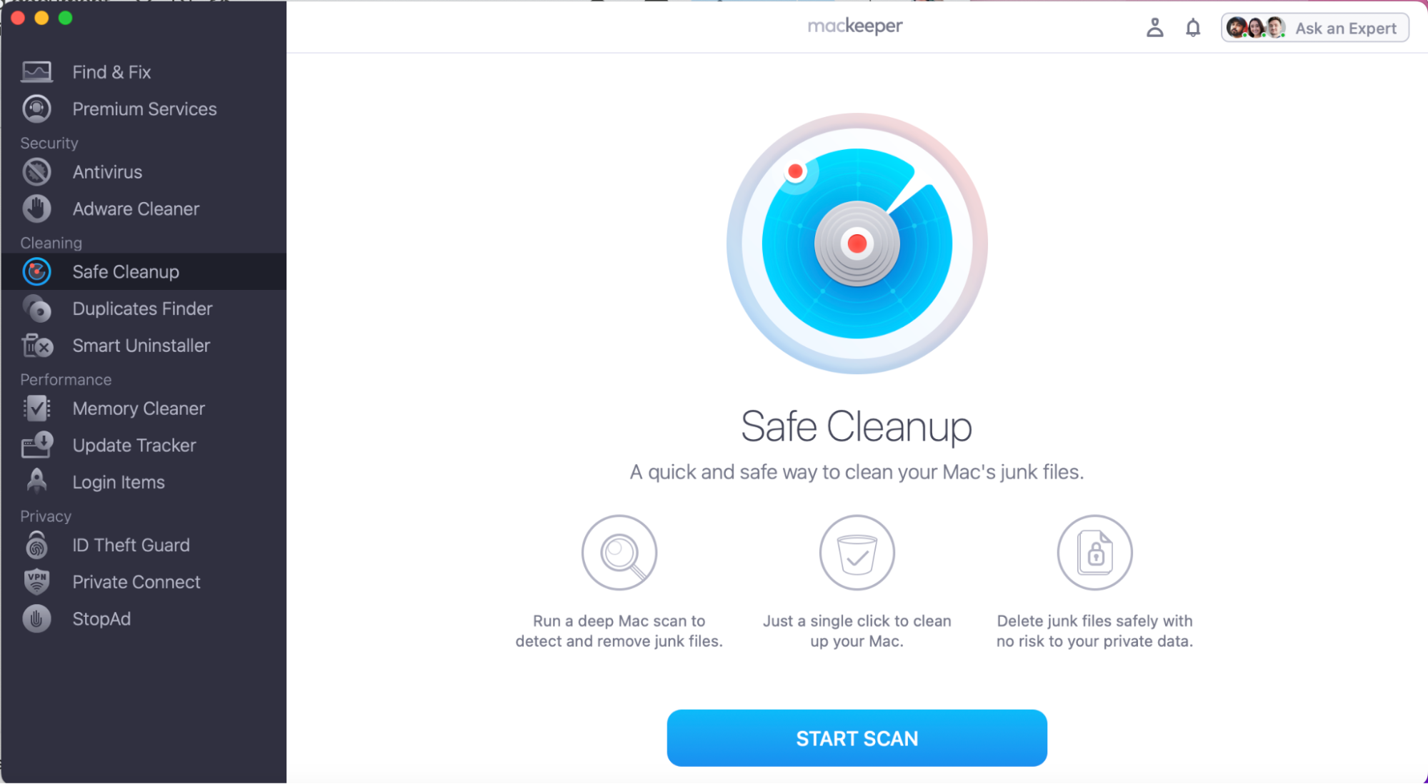 To remove junk files and speed up your Mac, use MacKeeper's Safe Cleanup. Launch MacKeeper and go to Safe Cleanup, hit Start Scan.