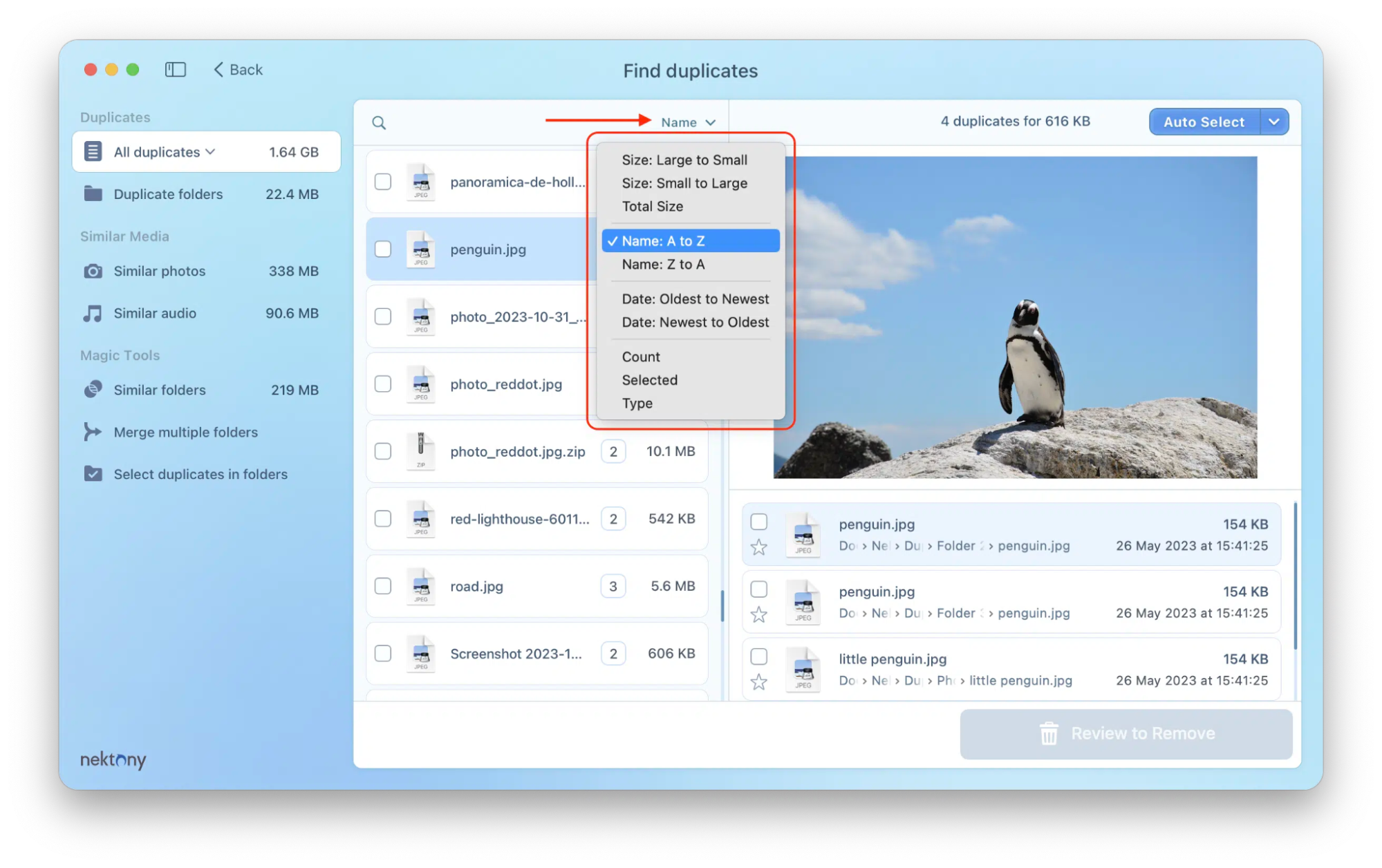 Open the sorting menu in Nektony to arrange your detected duplicates by name, size, or date for a more organized manual review of files.