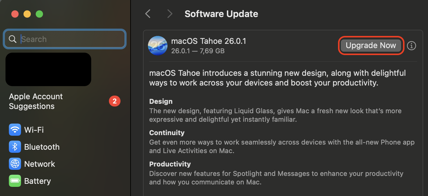 In System Settings, go to Software Update, and if an update is available, click Upgrade Now to install the latest macOS version.