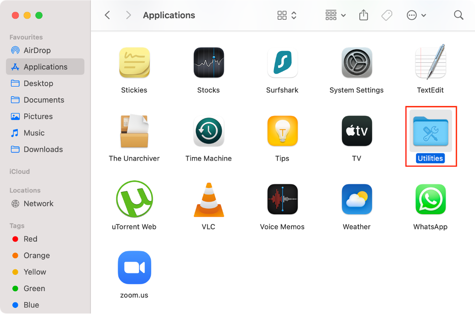 To find the Utilities folder via Finder, launch Finder, select Applications from the sidebar, then open Utilities.