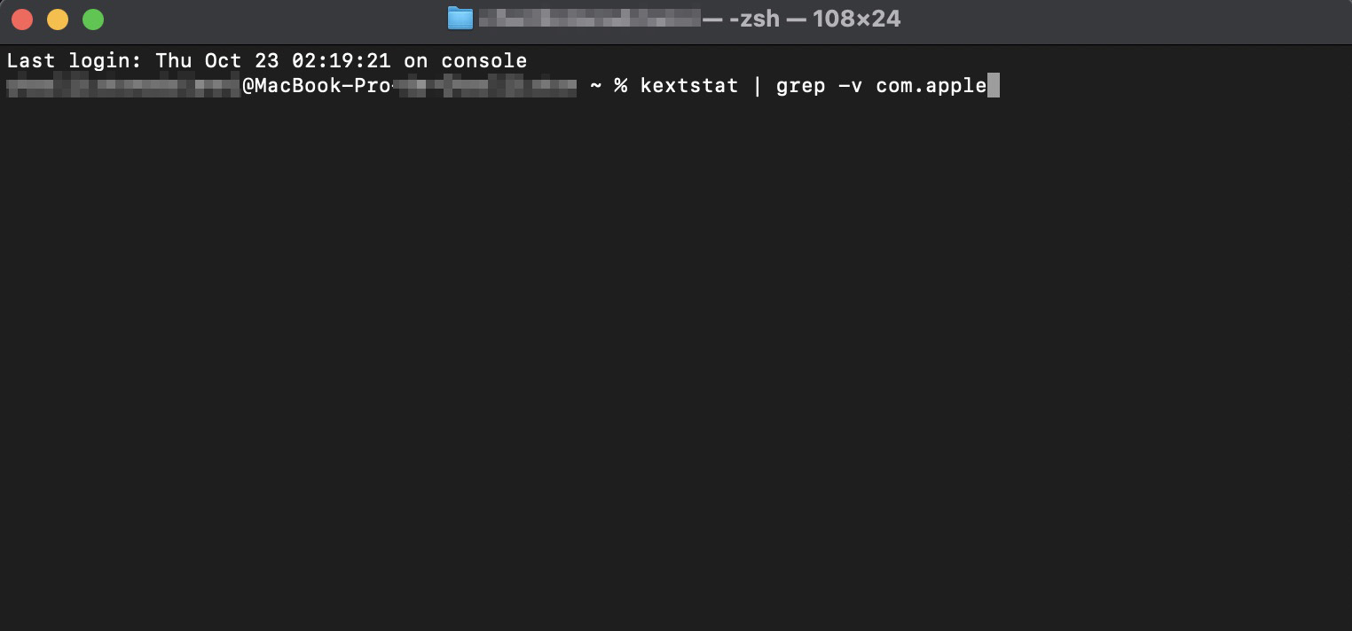 Depois de abrir o Terminal no seu Mac, digite kextstat | grep -v com.apple e pressione Enter. Uma lista de kernels de terceiros aparecerá na sua tela, e você poderá garantir que nada essencial seja removido.