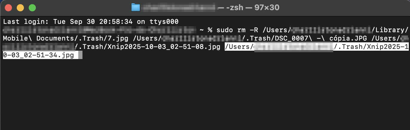 O Terminal no Mac exibindo o comando sudo rm -R, seguido de vários locais de arquivos. Para forçar a exclusão desses arquivos do Lixo, pressione Enter e depois digite a senha do seu Mac.