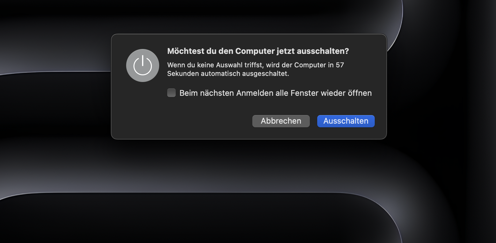 Die Meldung zum Herunterfahren in macOS Monterey zeigt die Option zum Bestätigen des Herunterfahrens an. Klicken Sie auf die Schaltfläche Ausschalten, um fortzufahren.