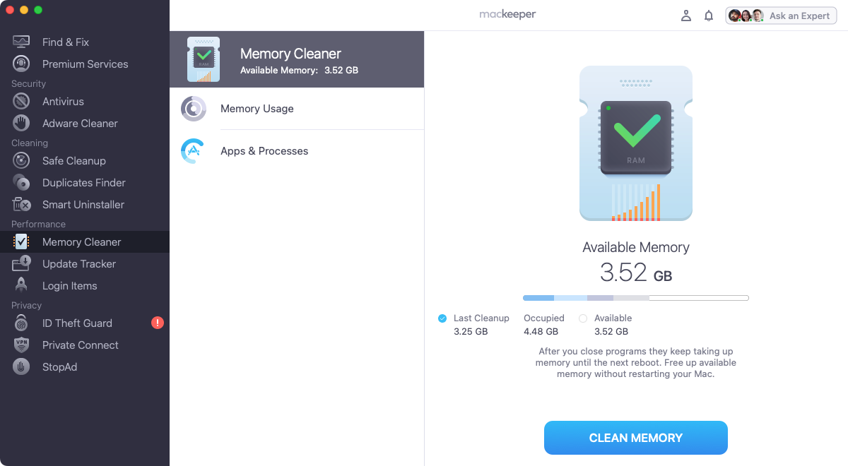 In just a few seconds, MacKeeper's Memory Cleaner will shut down unnecessary background processes, and you'll see the 'Available Memory' counter go up.
