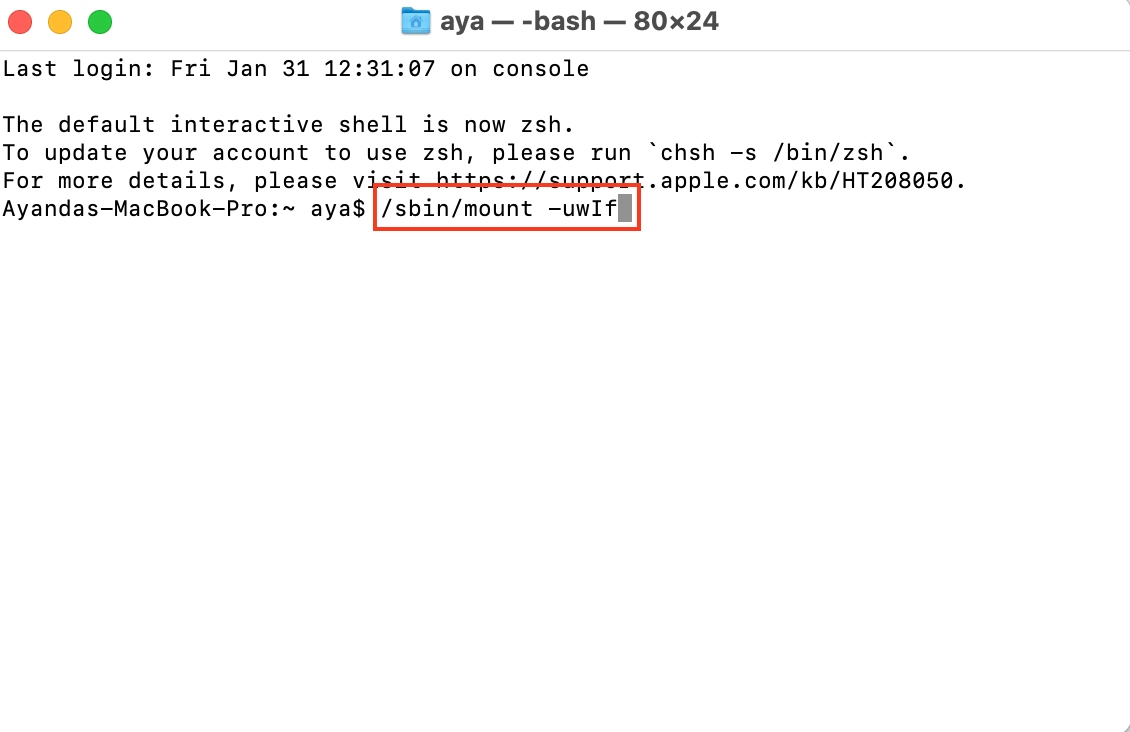 The user has entered the command /sbin/mount -uwIf in the Terminal app. The command helps you to use fsck in single-user mode on your Mac computer.