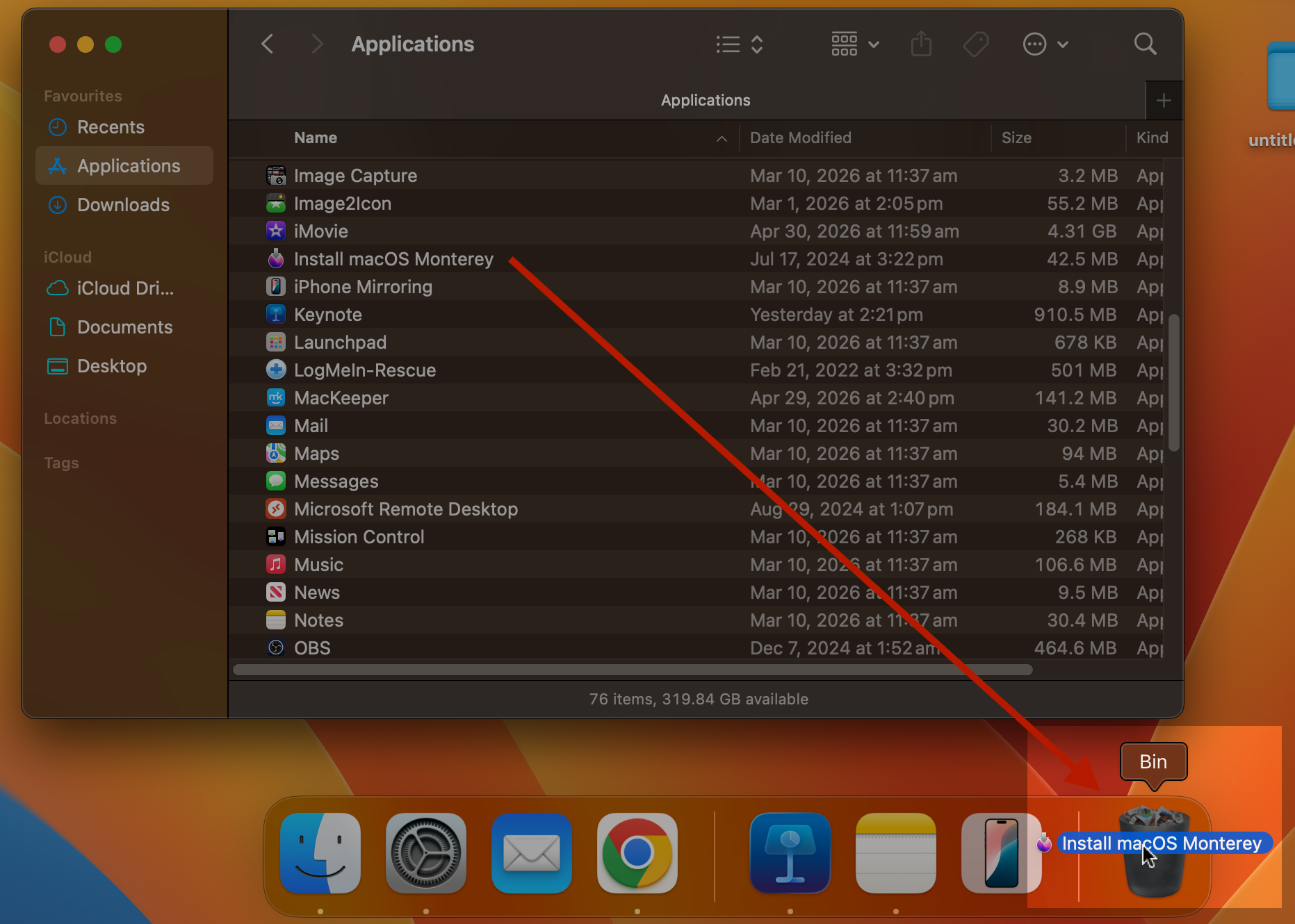 A Finder window showing the Applications folder with a right click context menu open on the Install macOS Monterey file. The option Move to Bin is highlighted in blue at the top of the menu.