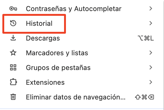 Para continuar, selecciona Historial en el menú desplegable.