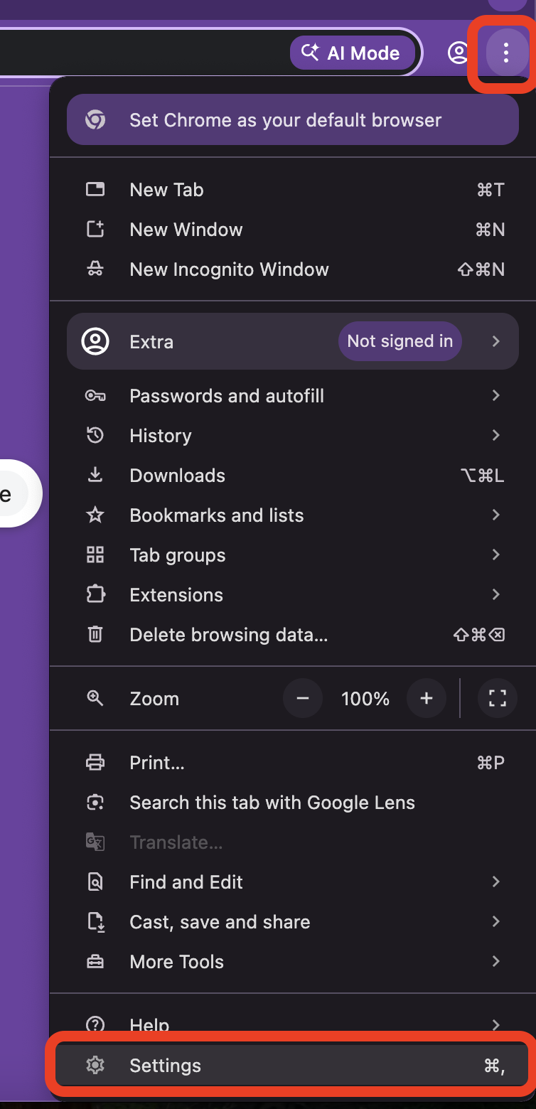 Google Chrome three-dot menu open on macOS with Settings highlighted, used to disable Chrome crash reporting on an Apple computer.