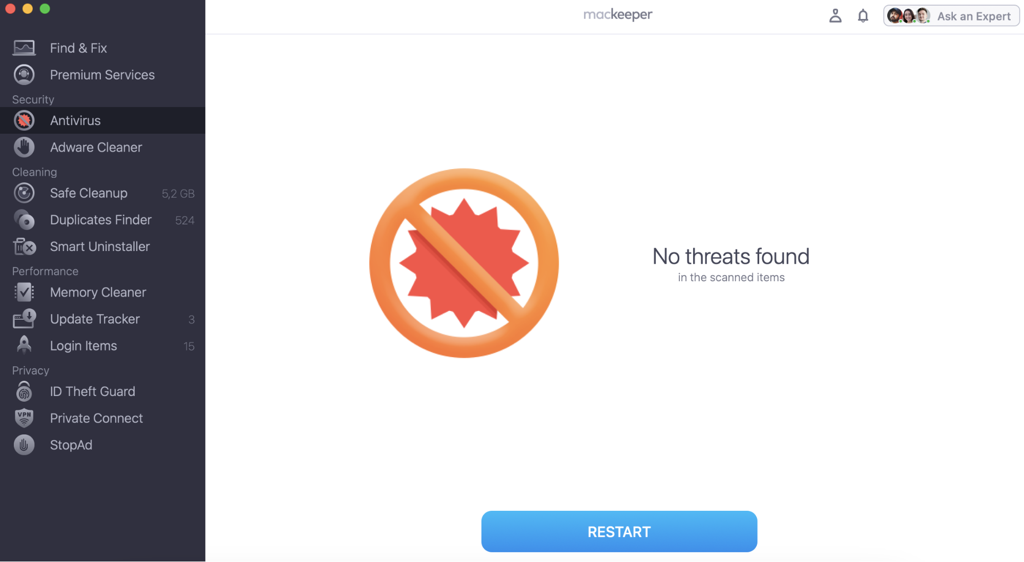 The app lists all the threats discovered on your Mac. Remove them or move to quarantine following the on-screen prompts.