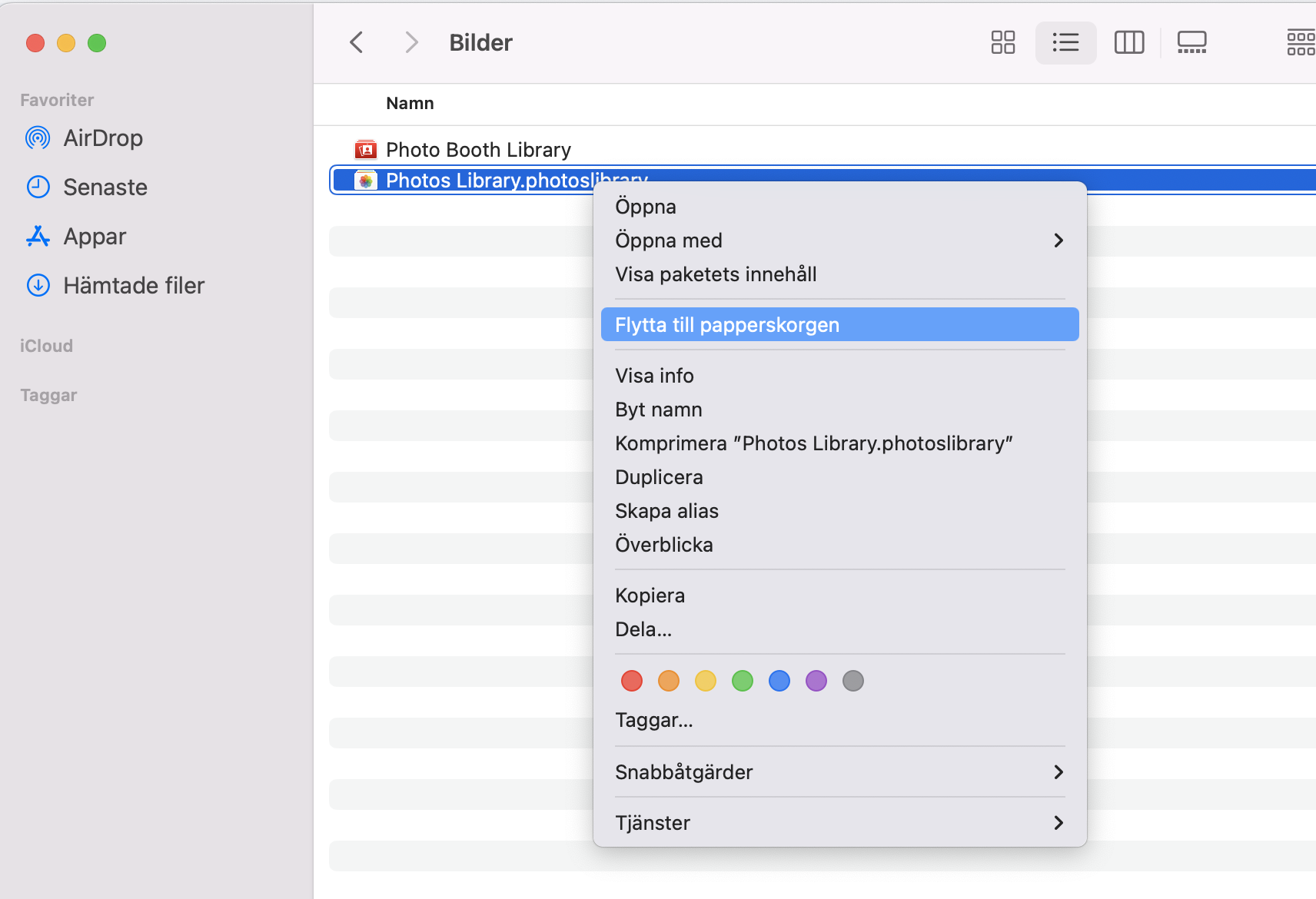 Öppna Finder och gå sedan till Bilder. Flytta Photos Library-filen från din Mac till din externa hårddisk. Radera sedan den ursprungliga Photos Library från din Mac för att frigöra utrymme.
