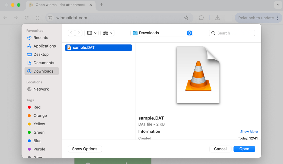To view a .dat file on a Mac from your browser, select the document to open and then click Open.