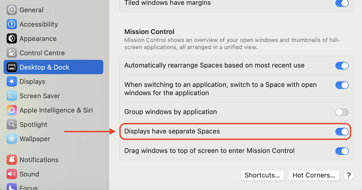 Turn off Displays have separate Spaces in Mission Control settings to simplify multi-monitor management and reduce WindowServer-related crashes.