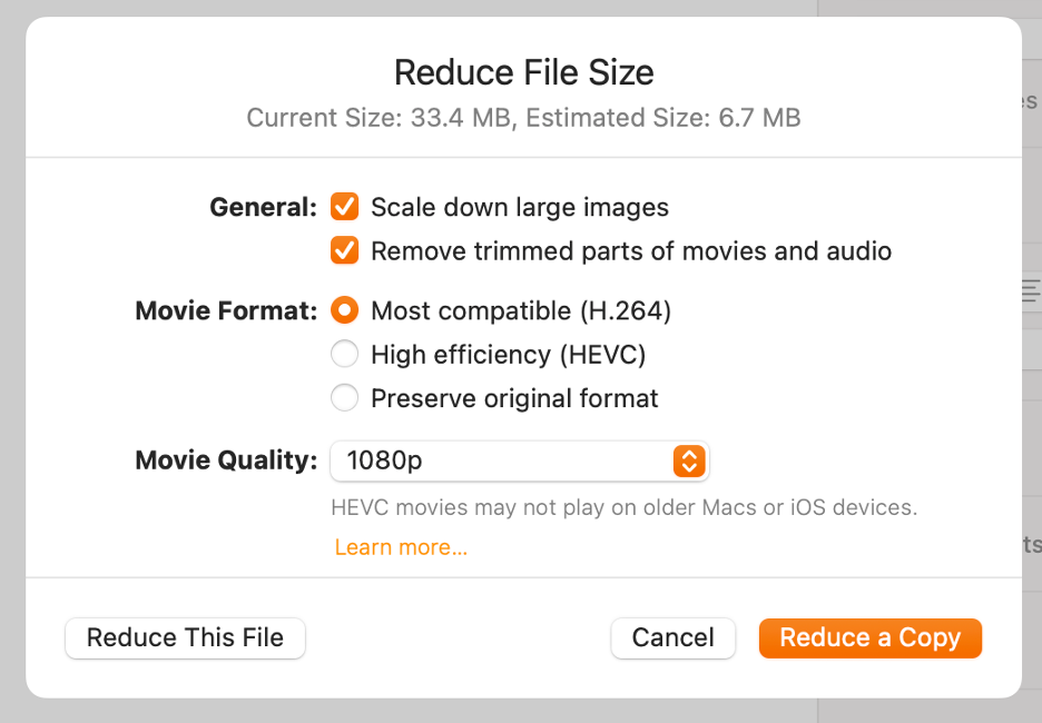 To reduce the file size of your Pages document on your Mac, choose either Reduce This File or Reduce a Copy.
