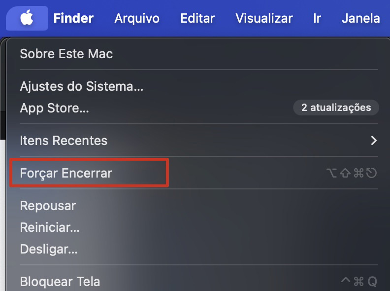 Captura de tela do menu Apple que mostra como acessar a janela Forçar Encerrar Aplicativos em um Mac durante a solução de problemas de alto uso de memória do WindowServer.