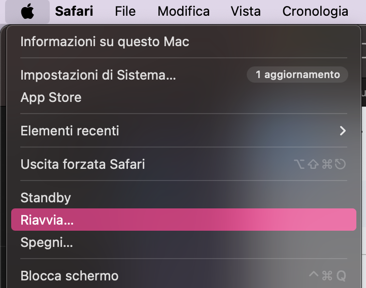 Se gli altoparlanti del MacBook Pro continuano a gracchiare, spegni e riaccendi il Mac. Per iniziare la procedura dalla barra in alto, vai su Impostazioni di Sistema > Riavvia.