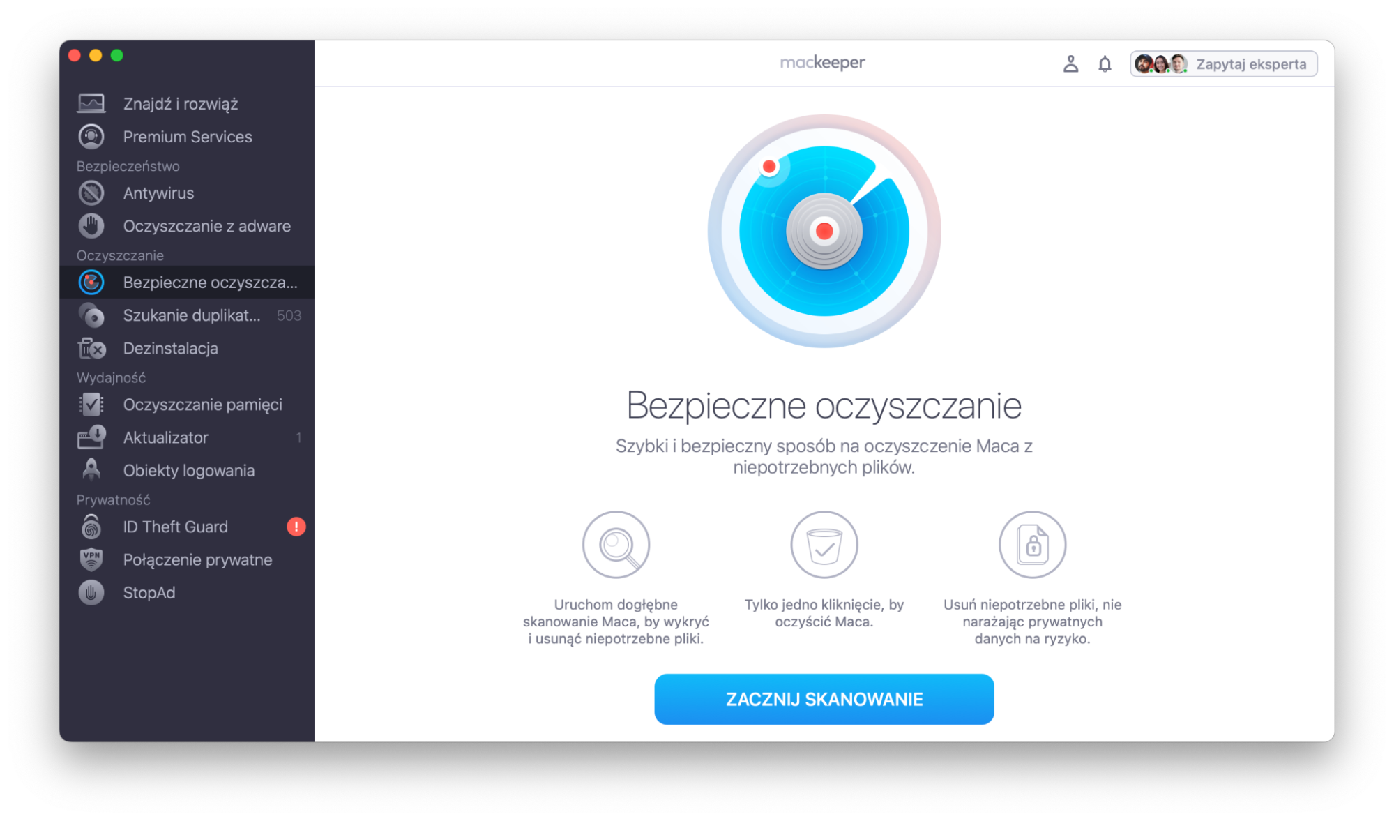 Aby zwolnić miejsce na Macu, skorzystaj z najlepszego programu do oczyszczania 2026 - Bezpieczne oczyszczanie w MacKeeper. Uruchom aplikację i wybierz Bezpieczne oczyszczanie w lewym panelu, a następnie kliknij Zacznij skanowanie.