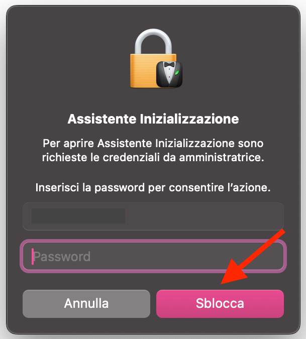Assistente Inizializzazione nelle Impostazioni Generali del Mac chiede agli utenti di inserire la password prima di procedere con il ripristino del MacBook alle impostazioni di fabbrica.