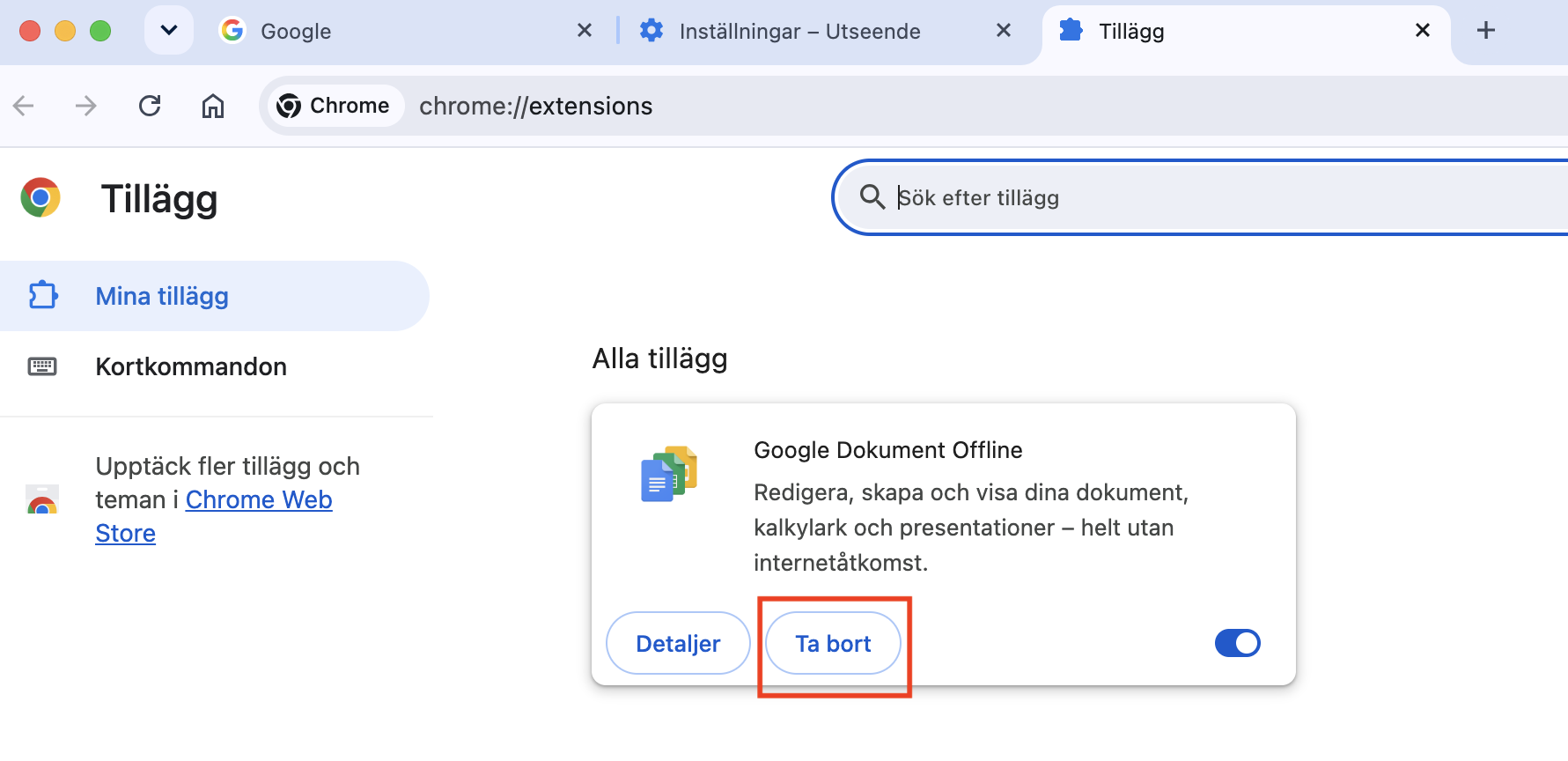 För att ta bort ett tillägg från Chrome, hitta det i listan och klicka sedan på knappen ‘Ta bort’. Bekräfta borttagningen, och sedan är det borta.