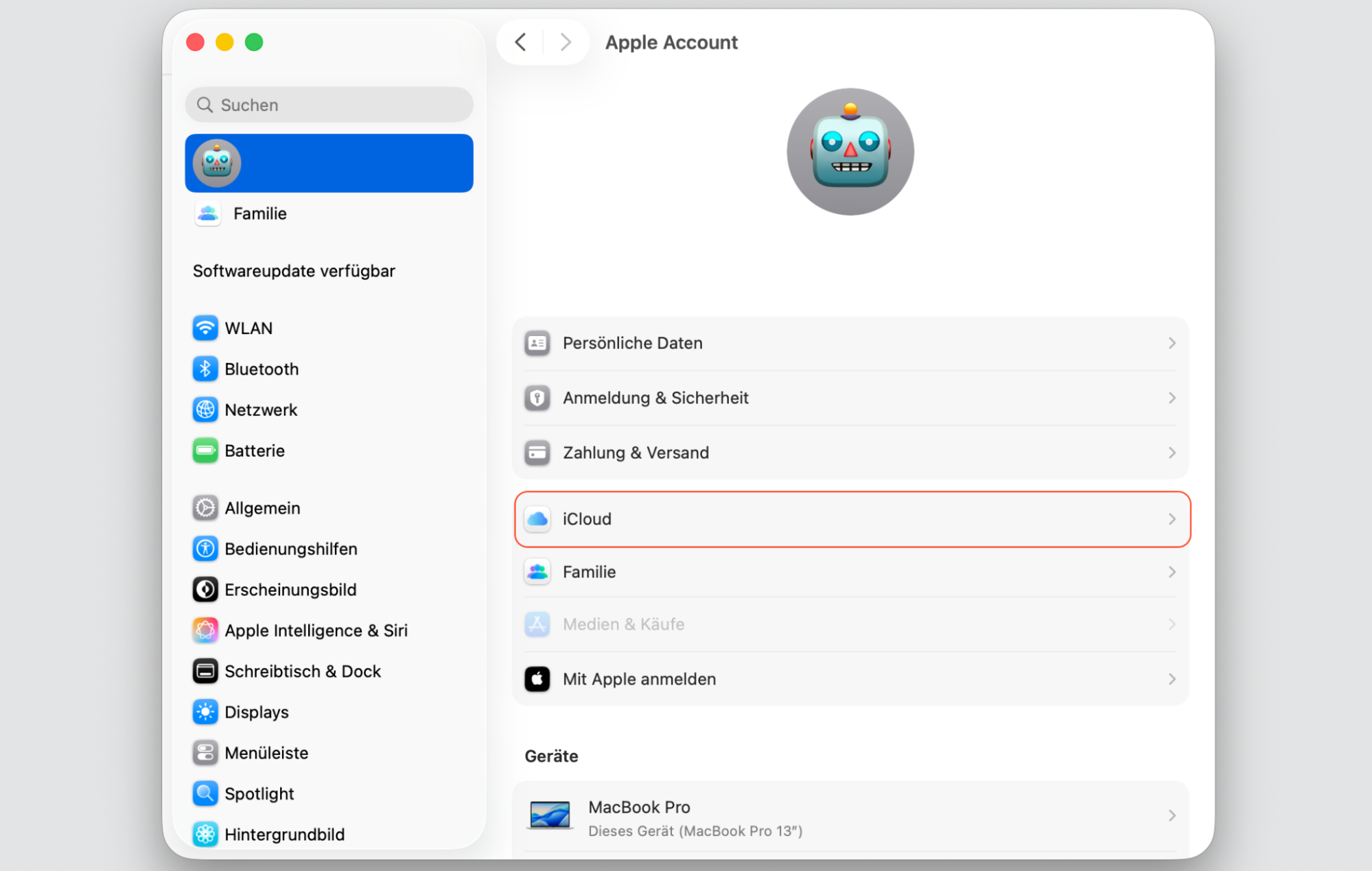 Wenn iCloud Drive so viel lokalen Speicher auf Ihrem Mac belegt, aktivieren Sie den Optimierten Speicher, indem Sie in den Apple-ID-Einstellungen auf iCloud klicken.