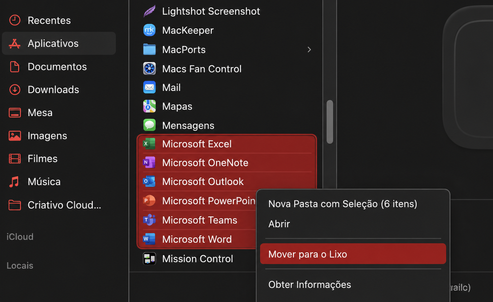 Agora, vá até a pasta Aplicativos e localize os aplicativos Microsoft. Selecione todos e exclua-os.