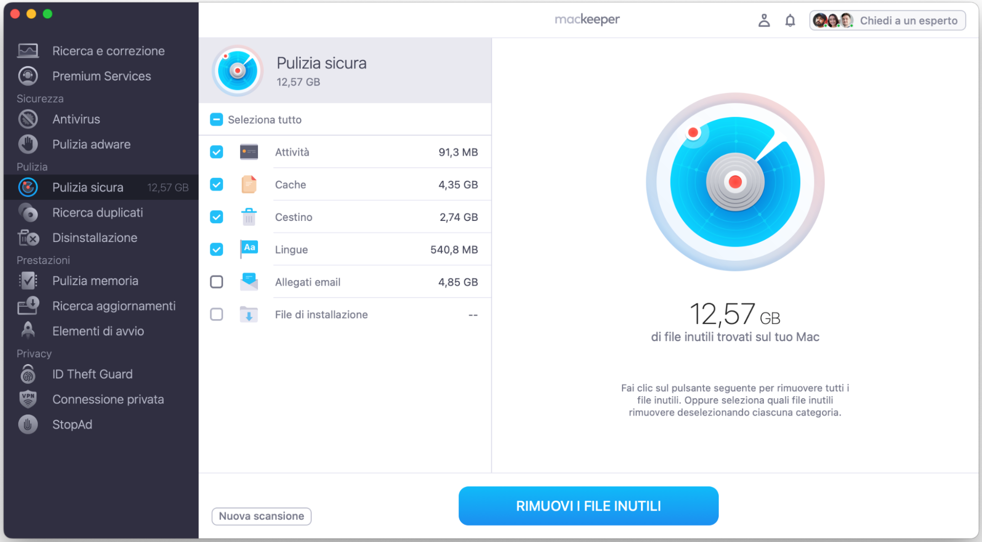 Seleziona i file che vuoi eliminare e fai clic su Rimuovi i file inutili.