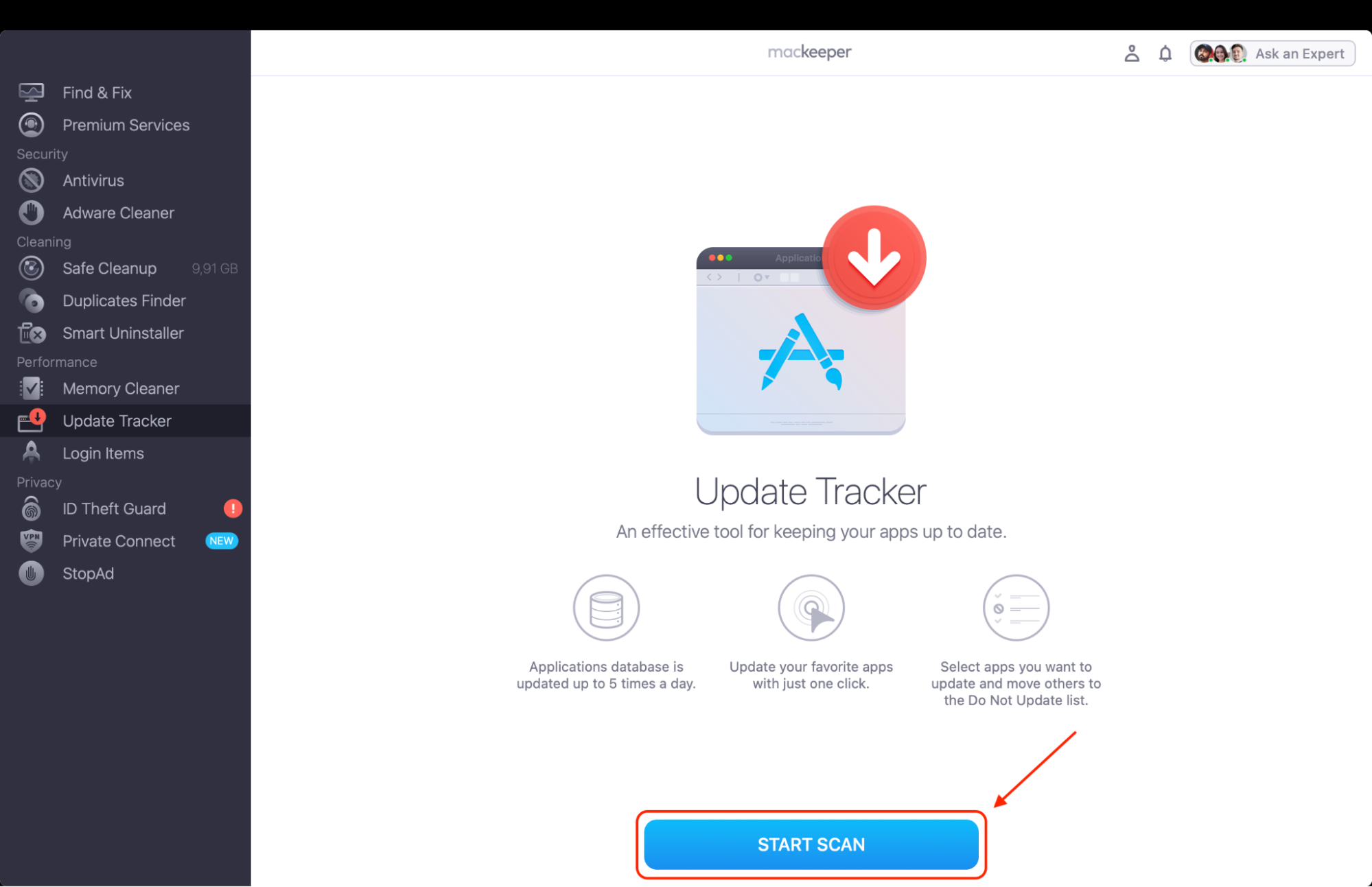 Click the Start Scan button in MacKeeper’s Update Tracker to search your Mac for outdated applications and available software updates.