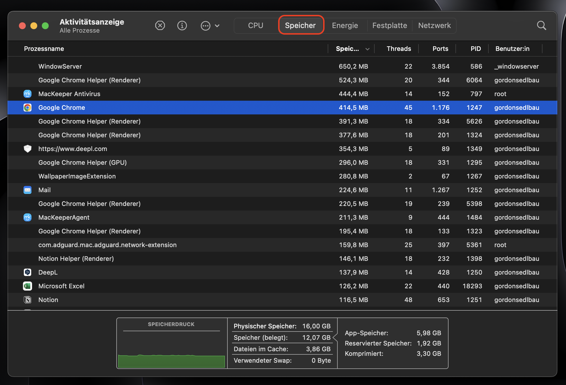 Um RAM freizugeben, gehen Sie in der Aktivitätsanzeige zur Registerkarte Speicher.