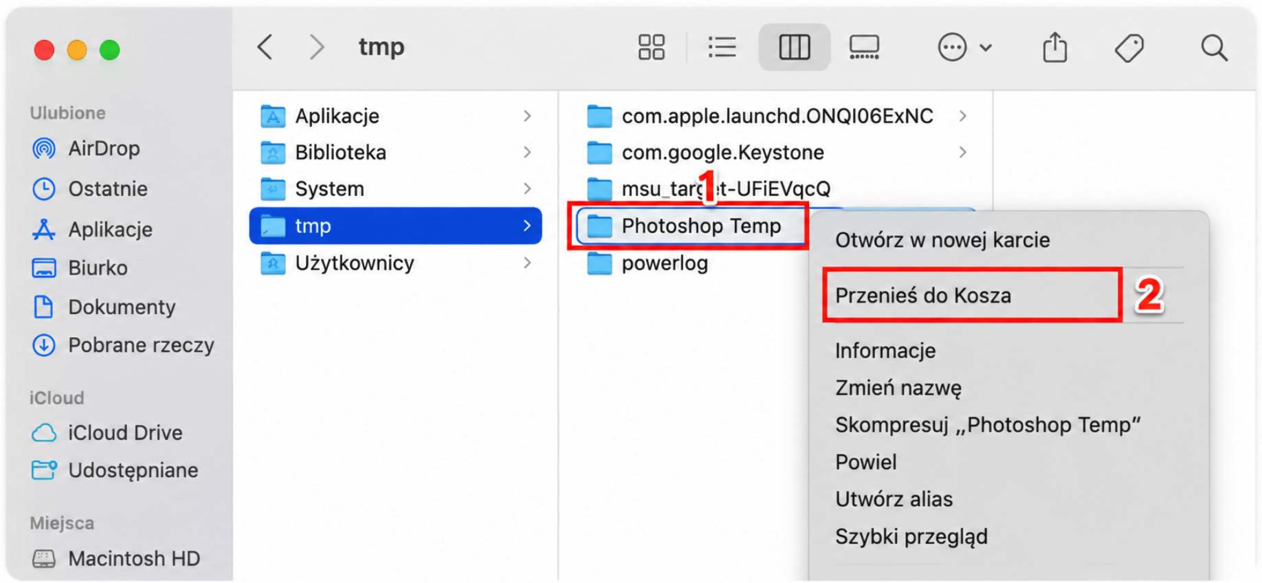 Folder tmp widoczny w Finderze na Macu. Znajdź pliki tymczasowe Photoshopa i usuń je, aby zwolnić miejsce.