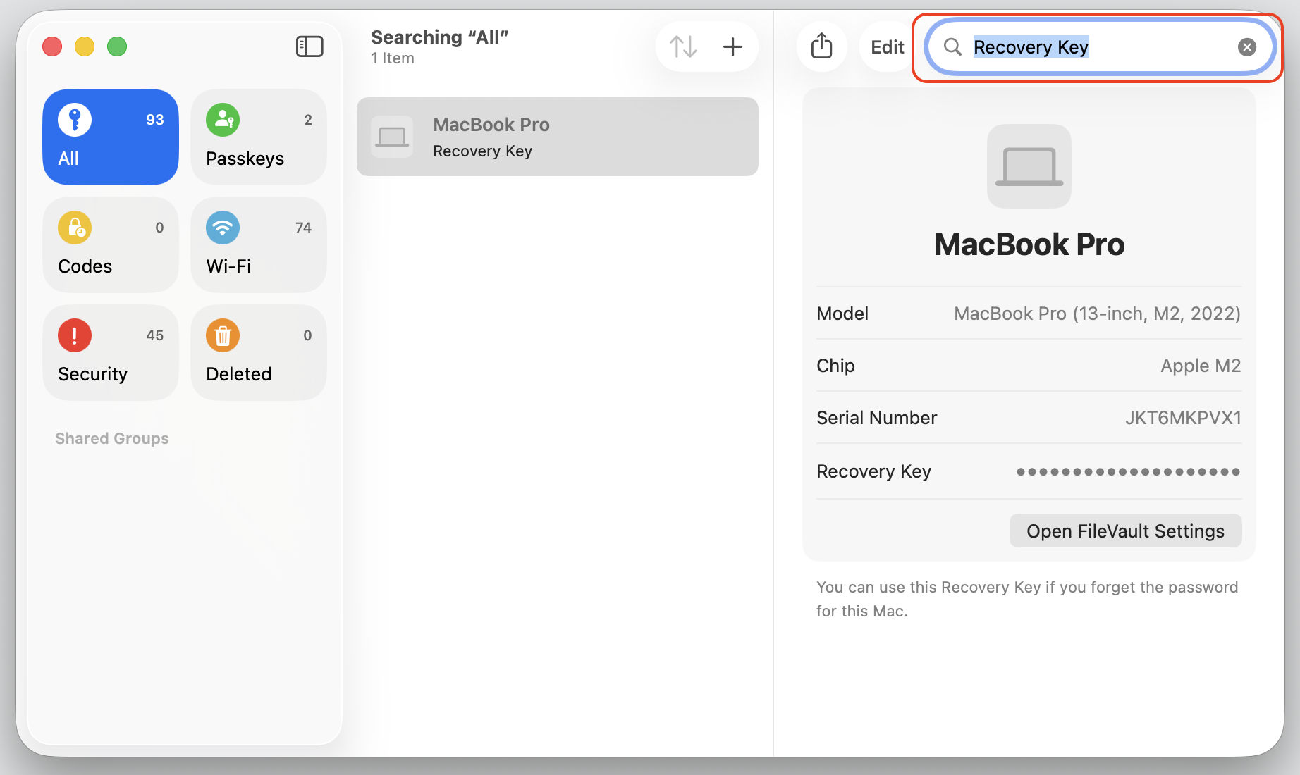 The macOS Passwords app with Recovery Key typed in the search box, opening the MacBook Pro entry that stores the FileVault Recovery Key.