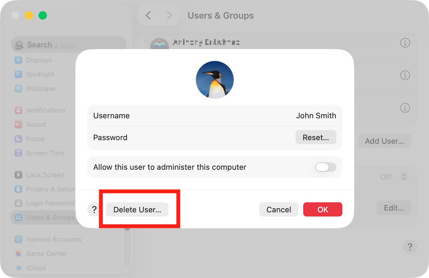 You'll see a summary of the user in a pop-up panel. Click the Delete User button at the bottom, then enter your admin password when requested to.