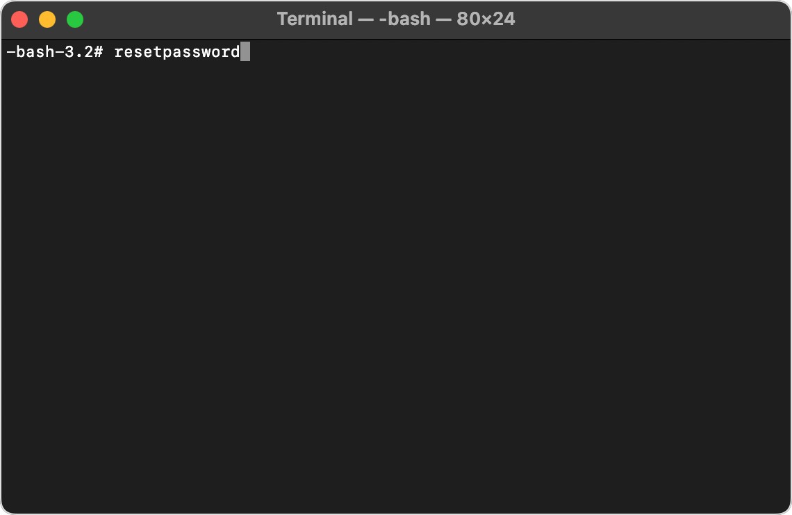 While your Mac is in Recovery mode, you can open the Terminal command-line tool and start a password reset. Type in 'resetpassword' then press Enter to open up the reset tool.