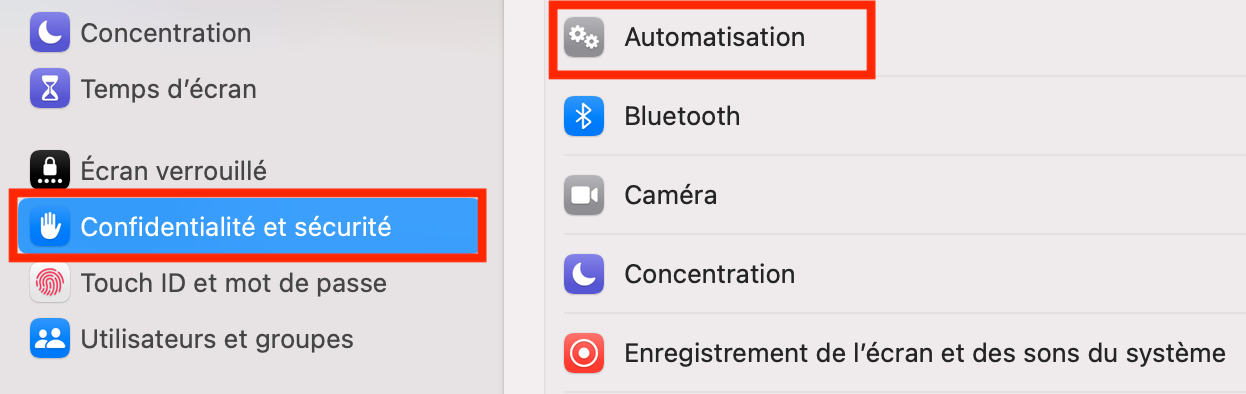 Cherchez une application contrôlante pour l’empêcher d’observer votre écran. Ouvrez Confidentialité et sécurité dans les Réglages Système et sélectionnez Automatisation. Décidez d’autoriser ou non certaines applications à contrôler d’autres parties de votre appareil.