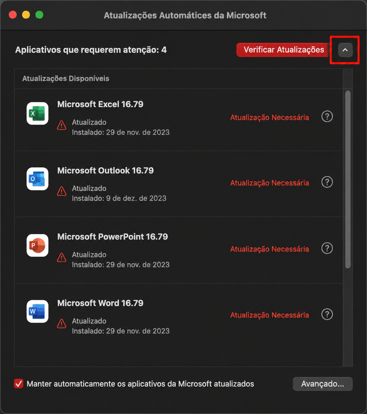 Clique na seta no canto superior direito para expandir a janela, exibindo quais atualizações estão disponíveis para seus aplicativos Microsoft.