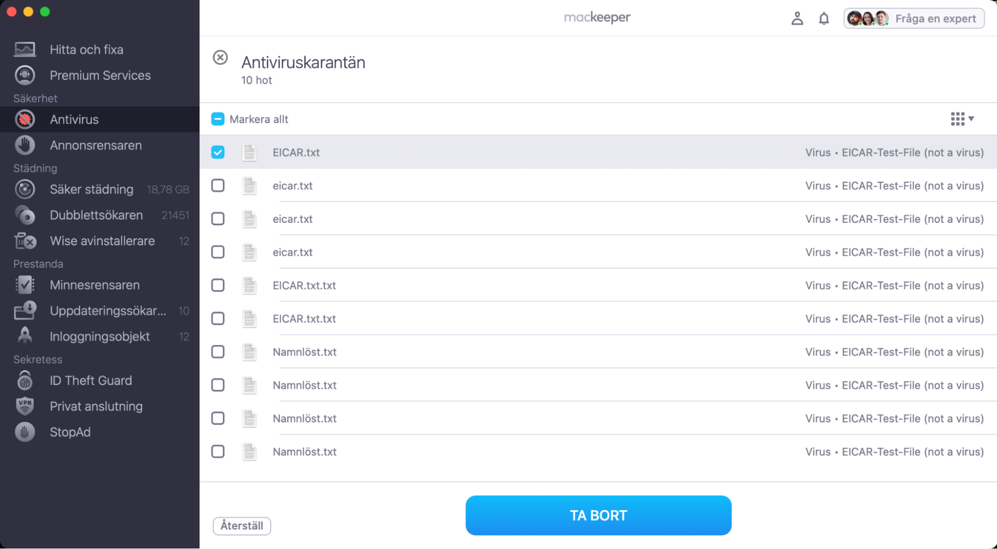 Om MacKeeper hittar skadlig programvara väljer du helt enkelt den i listan och klickar sedan på knappen Ta bort för att starta borttagningsprocessen.