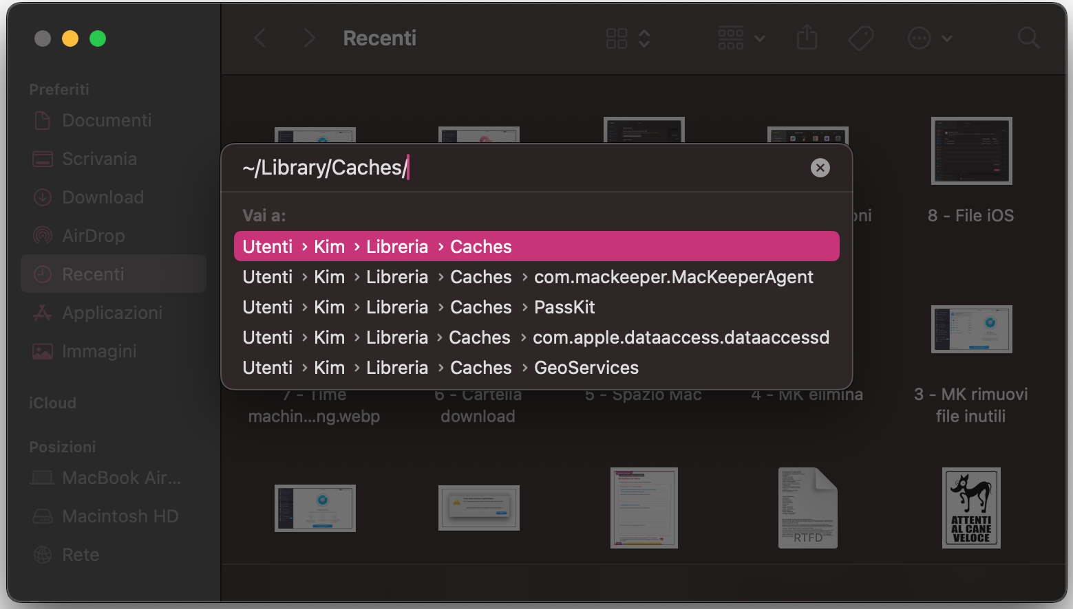 La finestra Vai alla cartella nel Finder su Mac. Se il disco di avvio del Mac è pieno, usa il Finder per rimuovere vecchi file di log e liberare spazio.