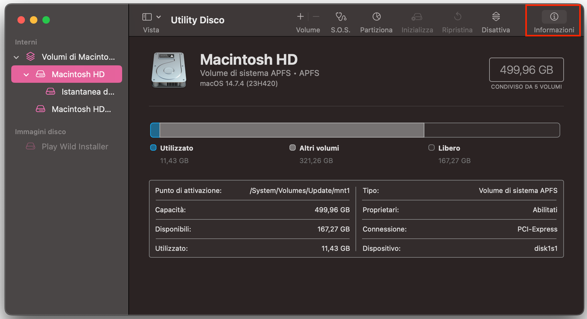 Come aprire il riquadro delle informazioni sul disco rigido in Utility Disco su Mac