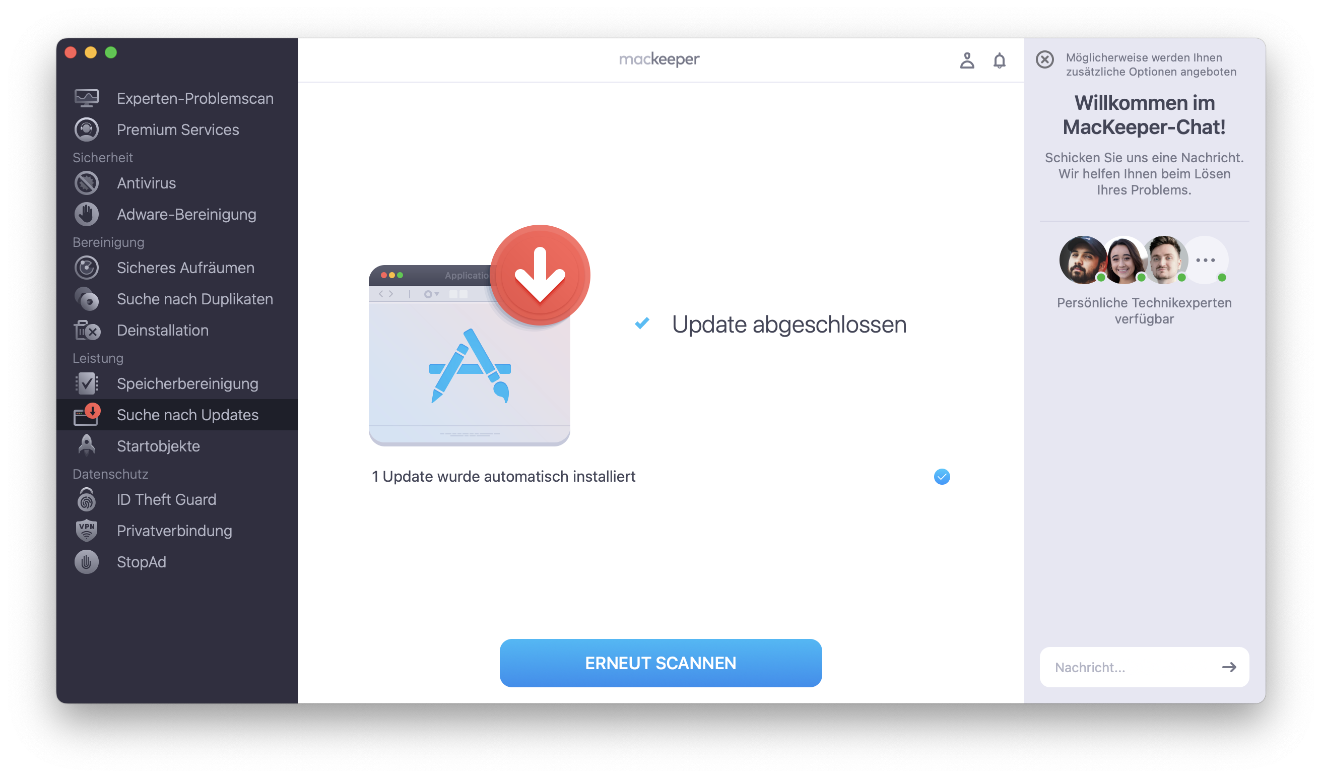 Der Aktualisierungsvorgang ist abgeschlossen. Klicken Sie auf Erneut scannen, um nach verfügbaren Updates zu suchen.