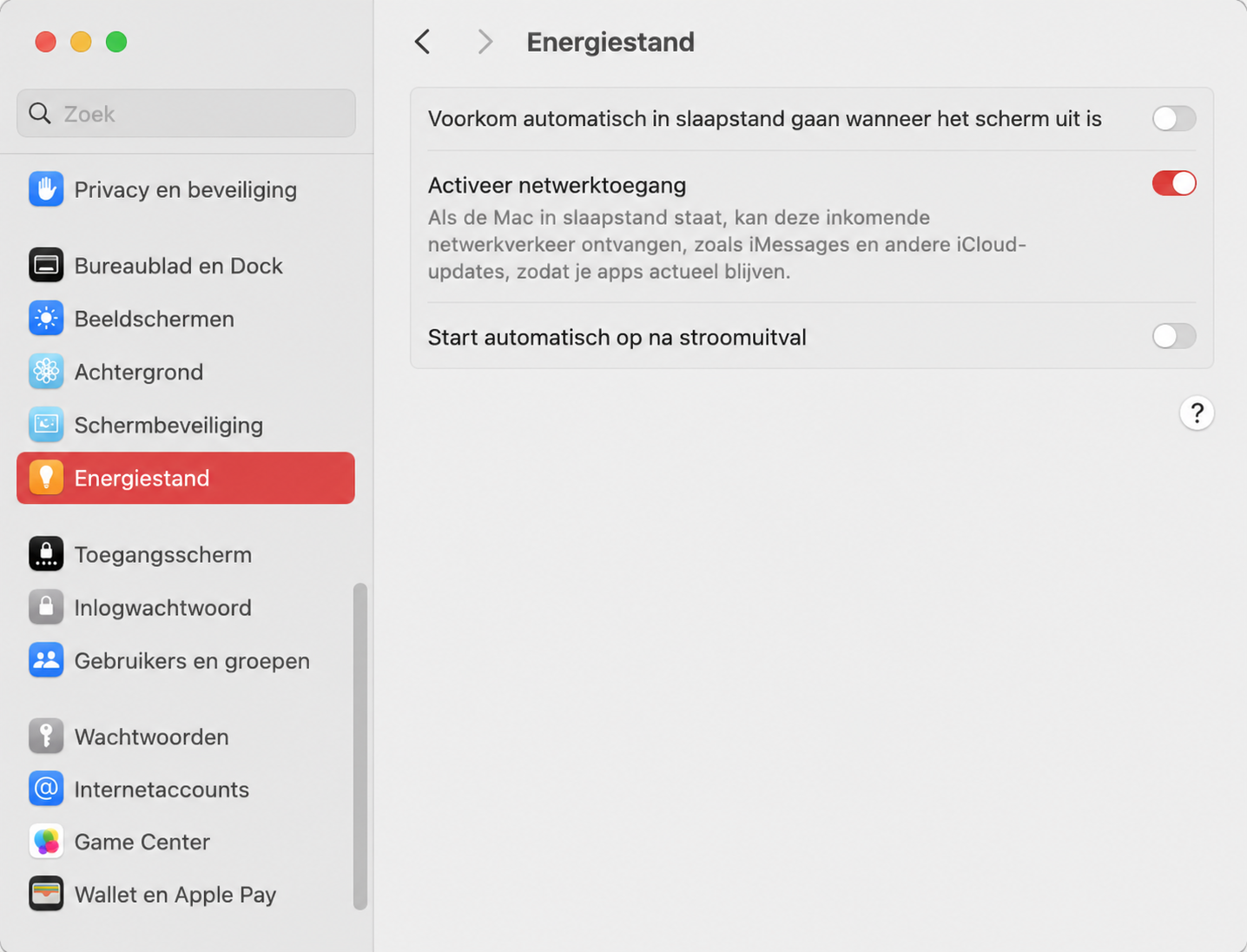 Gebruik vervolgens in de Systeeminstellingen van macOS de schakelaar om 'Automatisch in slaapstand gaan voorkomen wanneer het scherm uit is' uit te schakelen.