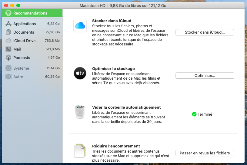 Étudiez les recommandations et effectuez les actions nécessaires pour optimiser l'espace disponible sur votre Mac.