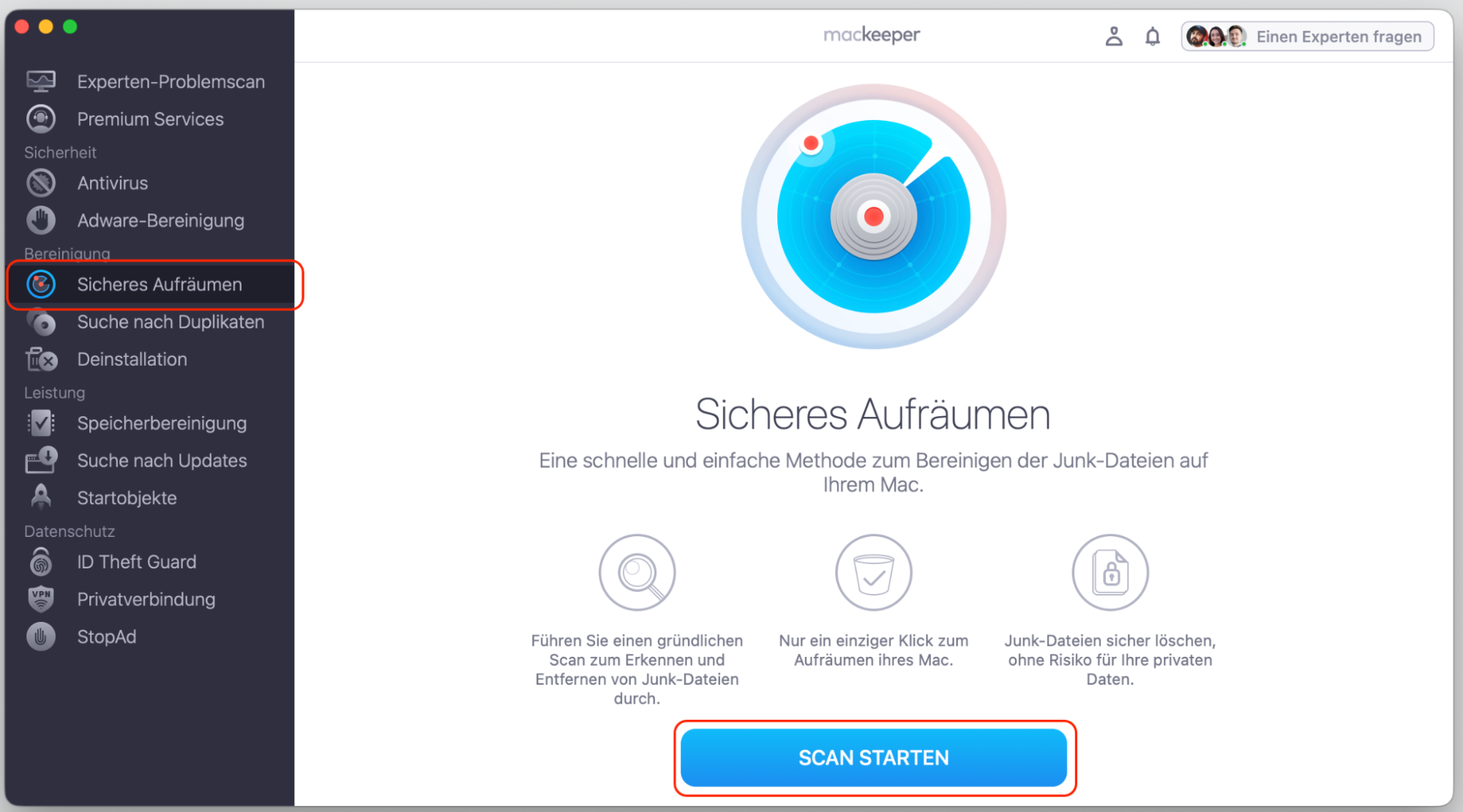 Startbildschirm von Sicheres Aufräumen von MacKeeper mit hervorgehobener Schaltfläche “Scan starten”. Schritt zwei beim Löschen des E-Mail-Caches: Mac-Cleaner-Funktion verwenden.