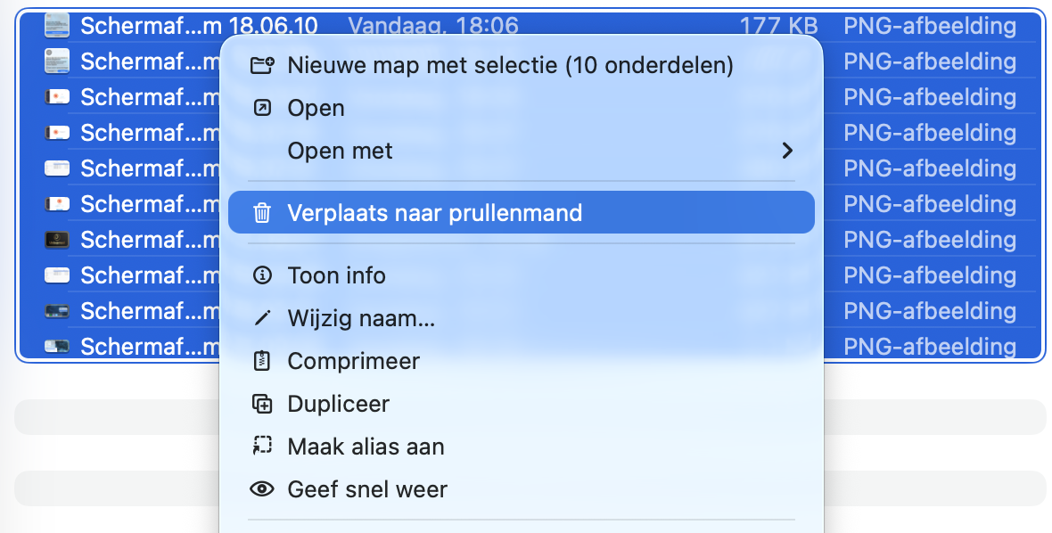 Als laatste stap van het opruimproces: nadat je alle overbodige bestanden op je bureaublad hebt geselecteerd, klik je met de rechtermuisknop en kies je Verplaats naar prullenmand.