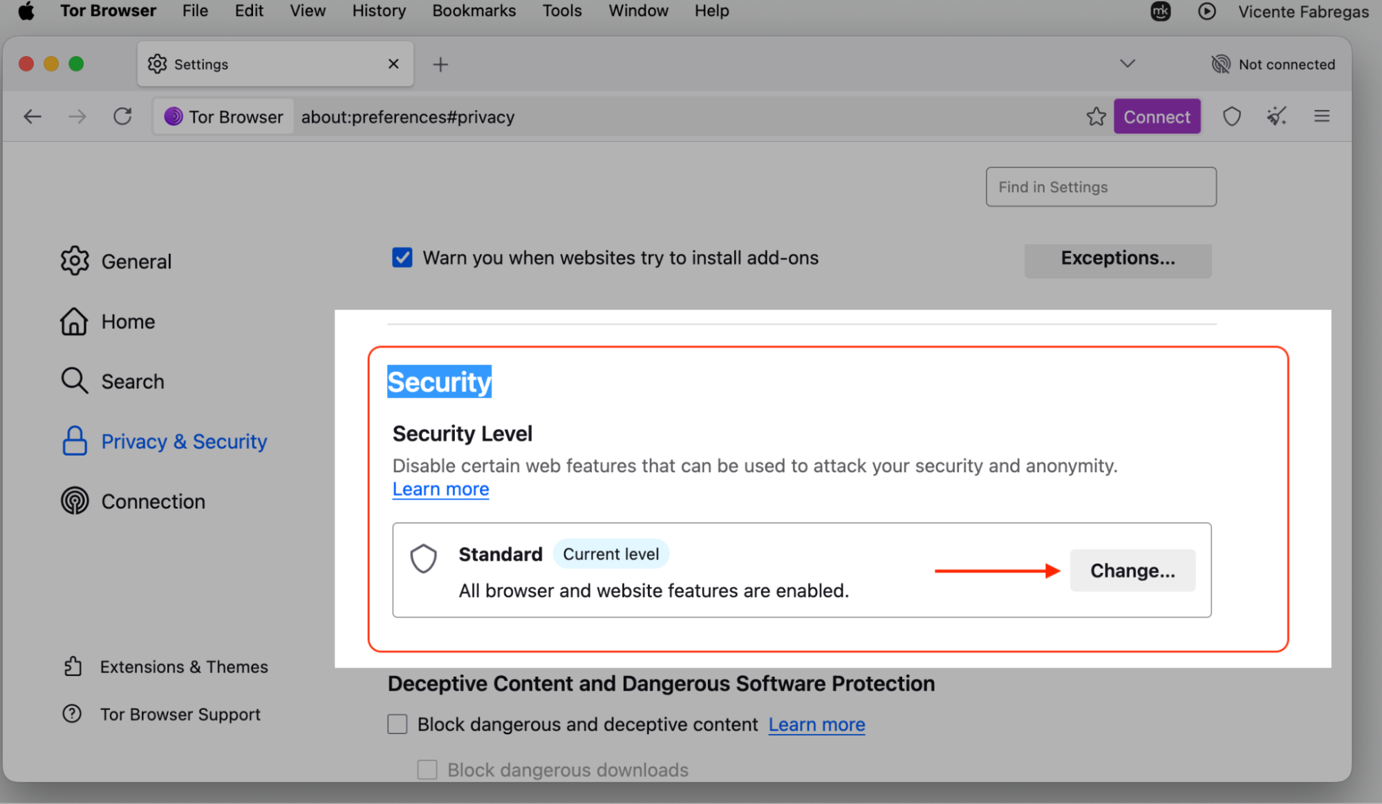 Tor Browser's Privacy & Security settings tab on an Apple computer, with the Security Level Change button highlighted to raise your protection.