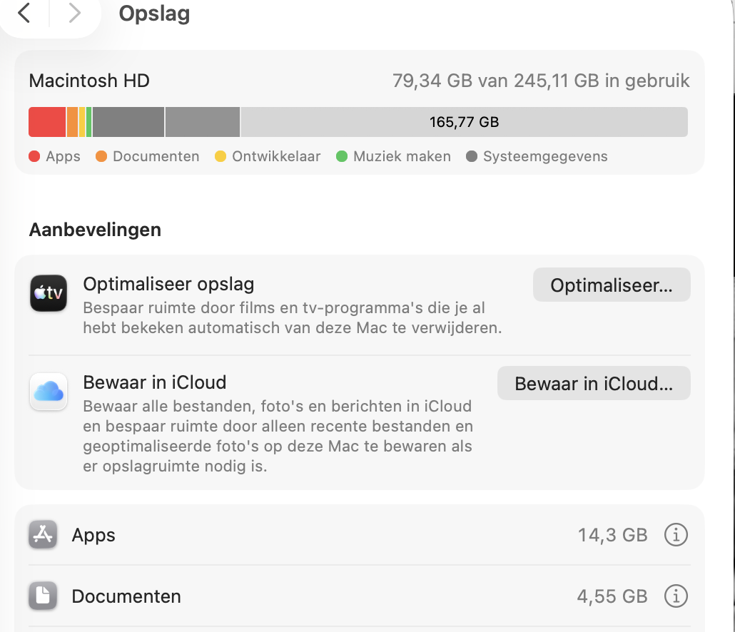 Wanneer de  Opslag-sectie wordt geopend, doorloop je de verschillende onderdelen en verwijder je alles wat je niet meer nodig hebt. Tik op het informatie-icoon naast elk item.