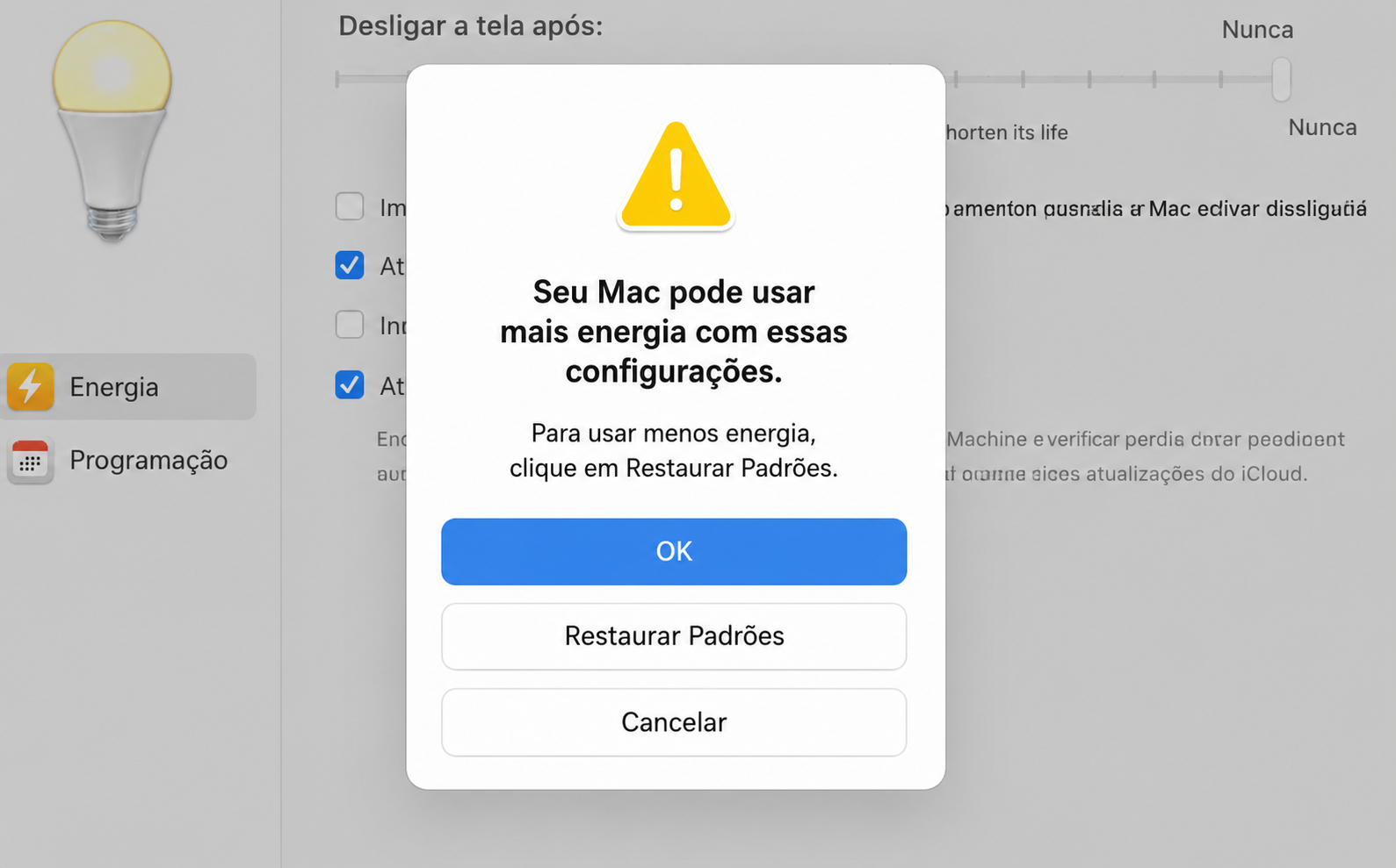 Você pode ver um aviso informando que o Mac consumirá mais energia ao desativar o repouso da tela. Clique em 'OK' para continuar.
