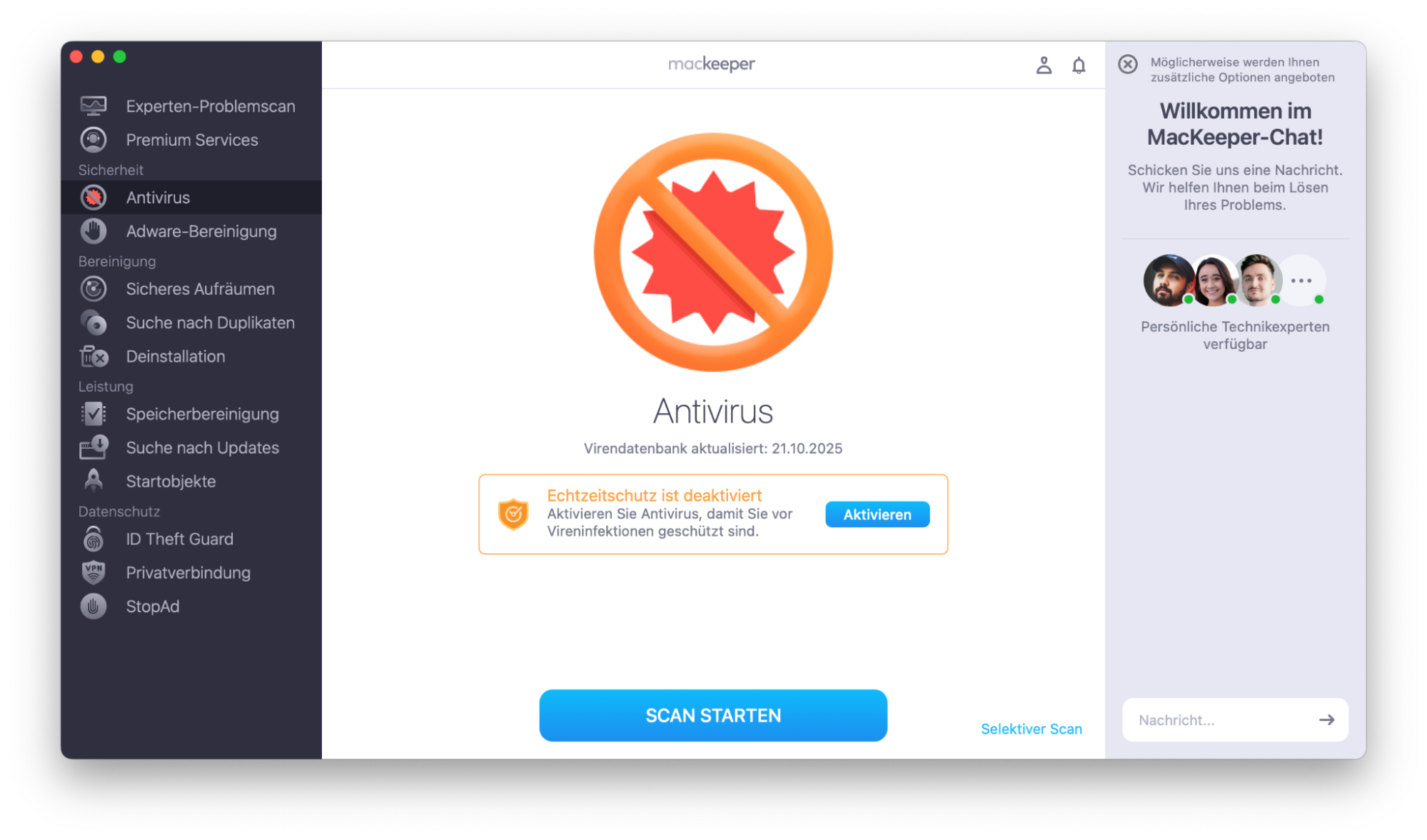 Antivirus von MacKeeper. Die Option Aktivieren ist hervorgehoben, um den Echtzeit-Virenschutz zu aktivieren. Teil einer Anleitung, wie man gefälschte McAfee-Pop-ups auf dem Mac blockieren kann.