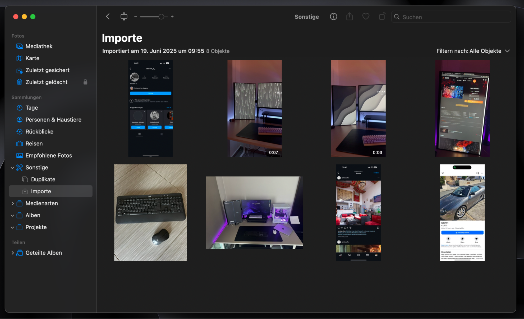 Um das Foto zu finden, das Sie von einem anderen Gerät importiert haben, klicken Sie in der Seitenleiste der Fotos-App auf Importieren.