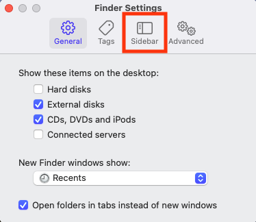The Siderbar options in the Finder settings menu on Mac. Enable external devices here to make sure that you can see USB devices in Finder on macOS.
